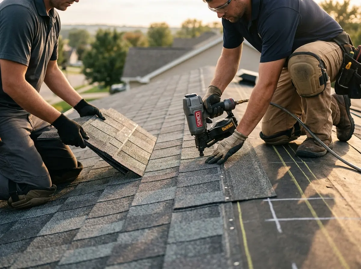 Professional roofer working on a residential roof in Marcy